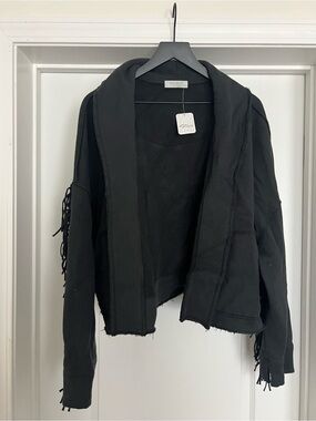 Free People Black Open-Front Fringe-Trim Hoodie